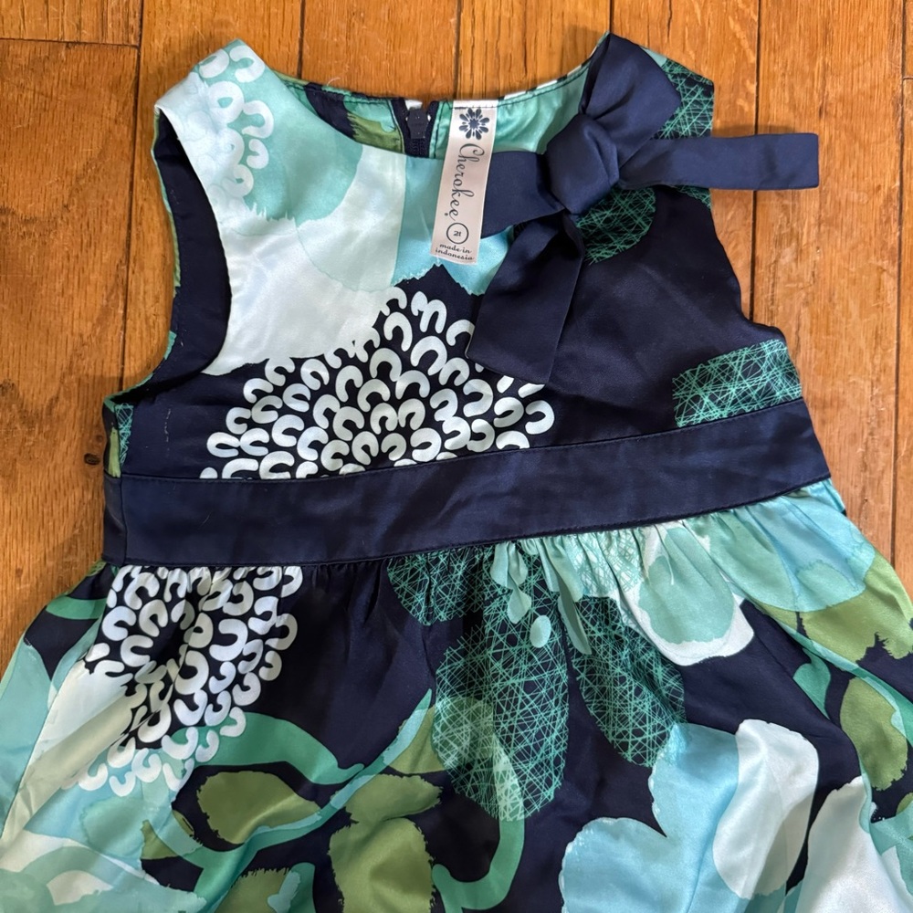 Blue & Green Floral / Flower Dress with Bow and Ribbon‎ 2T - Picture 4 of 5